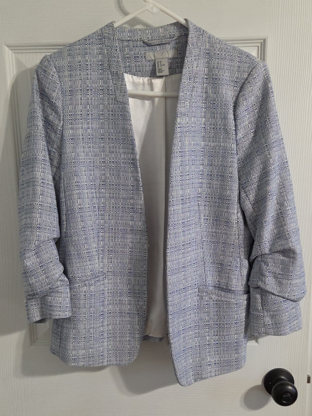 H&M Light Blue Tweed Collarless Open-Front Blazer